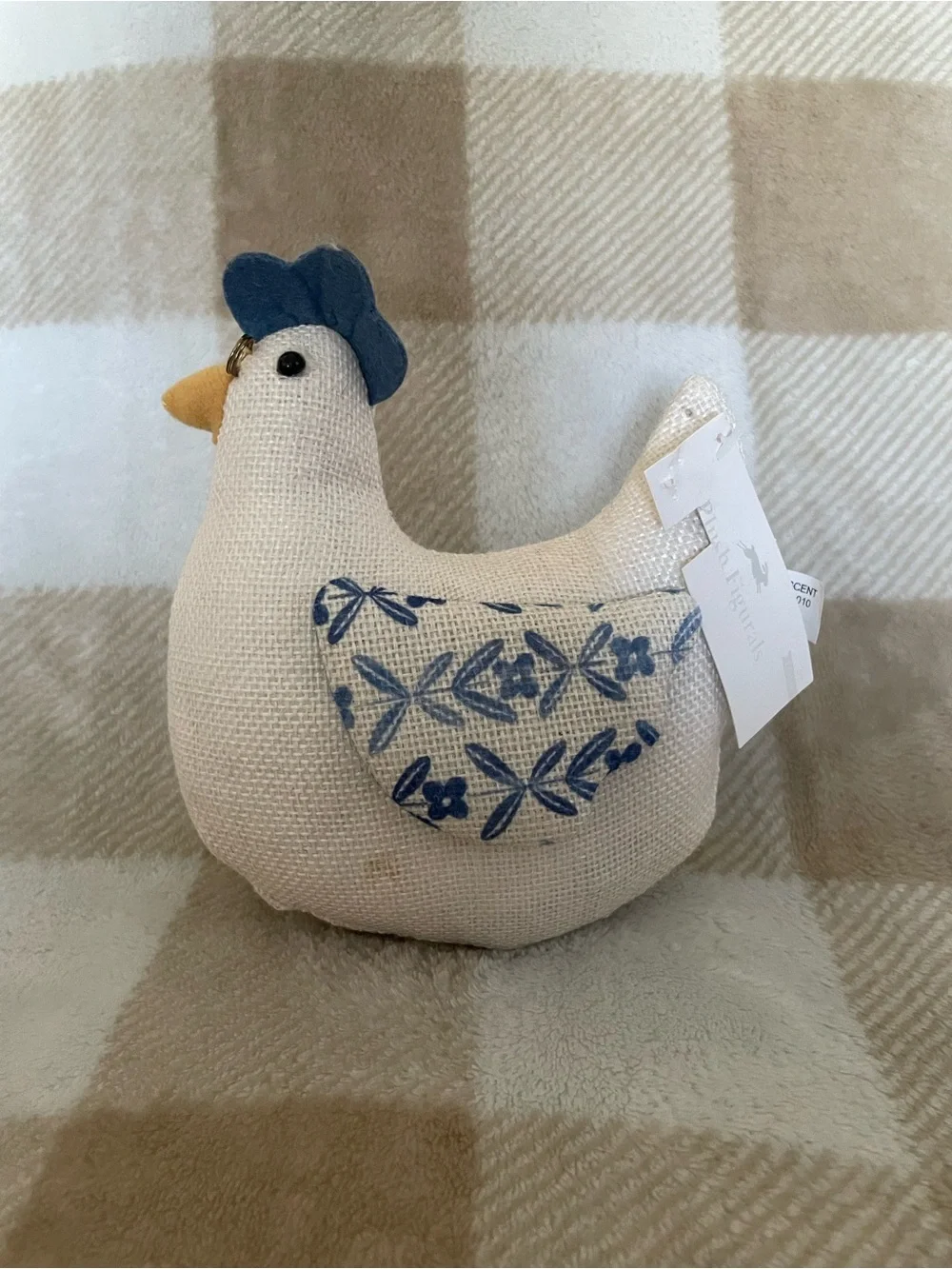 Blue & Cream Decorative Fabric Hen with glasses - Home Decor Accent